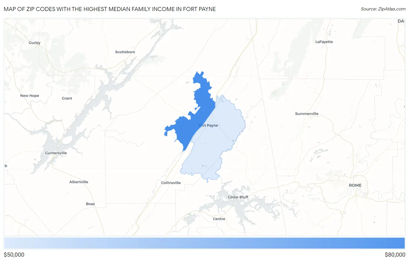 Zip Codes with the Highest Median Family Income in Fort Payne Map