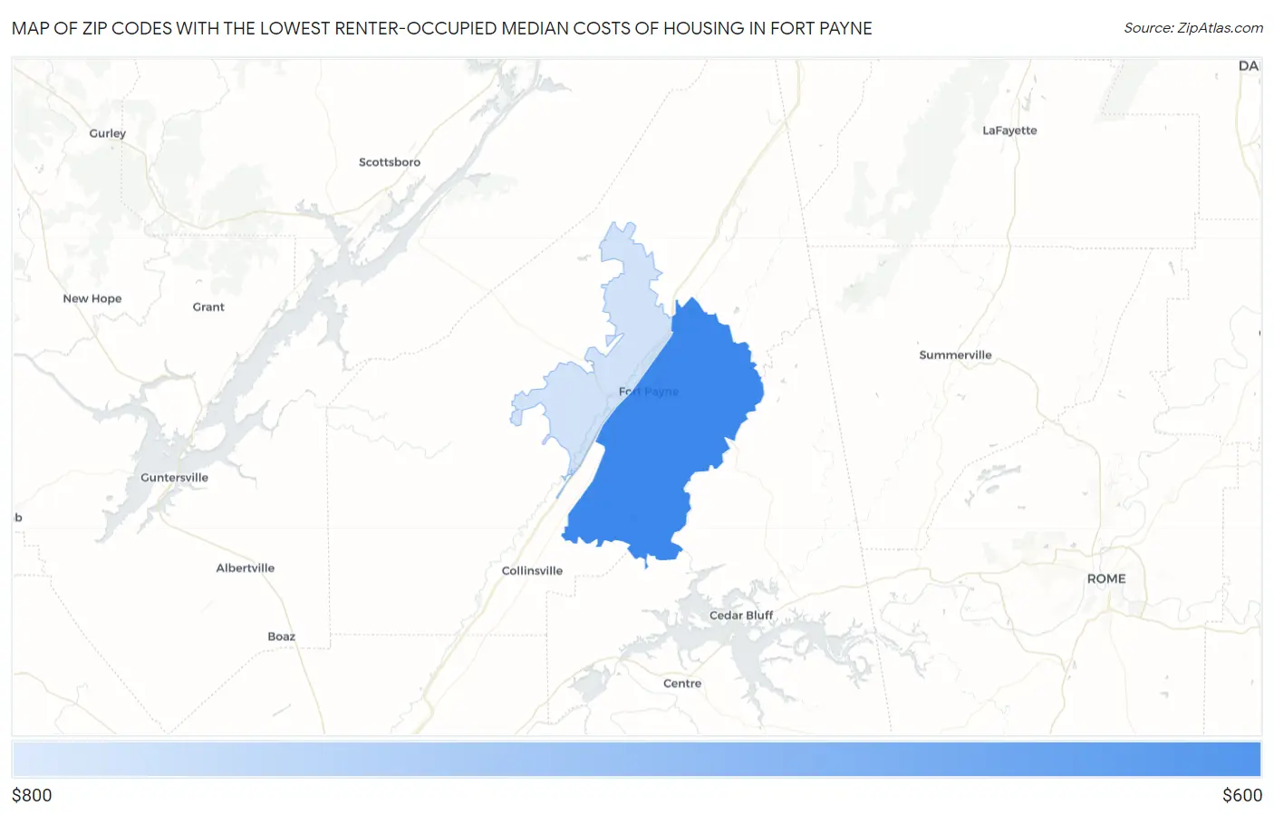 Zip Codes with the Lowest Renter-Occupied Median Costs of Housing in Fort Payne Map