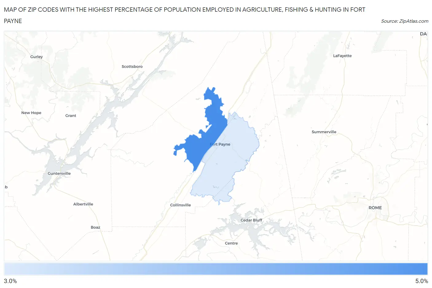 Zip Codes with the Highest Percentage of Population Employed in Agriculture, Fishing & Hunting in Fort Payne Map