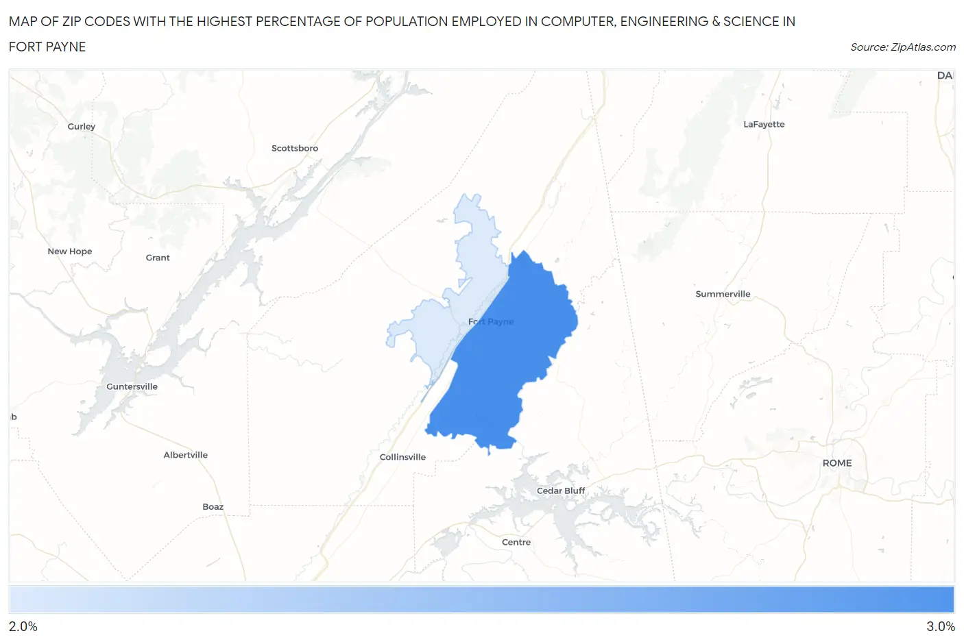Zip Codes with the Highest Percentage of Population Employed in Computer, Engineering & Science in Fort Payne Map
