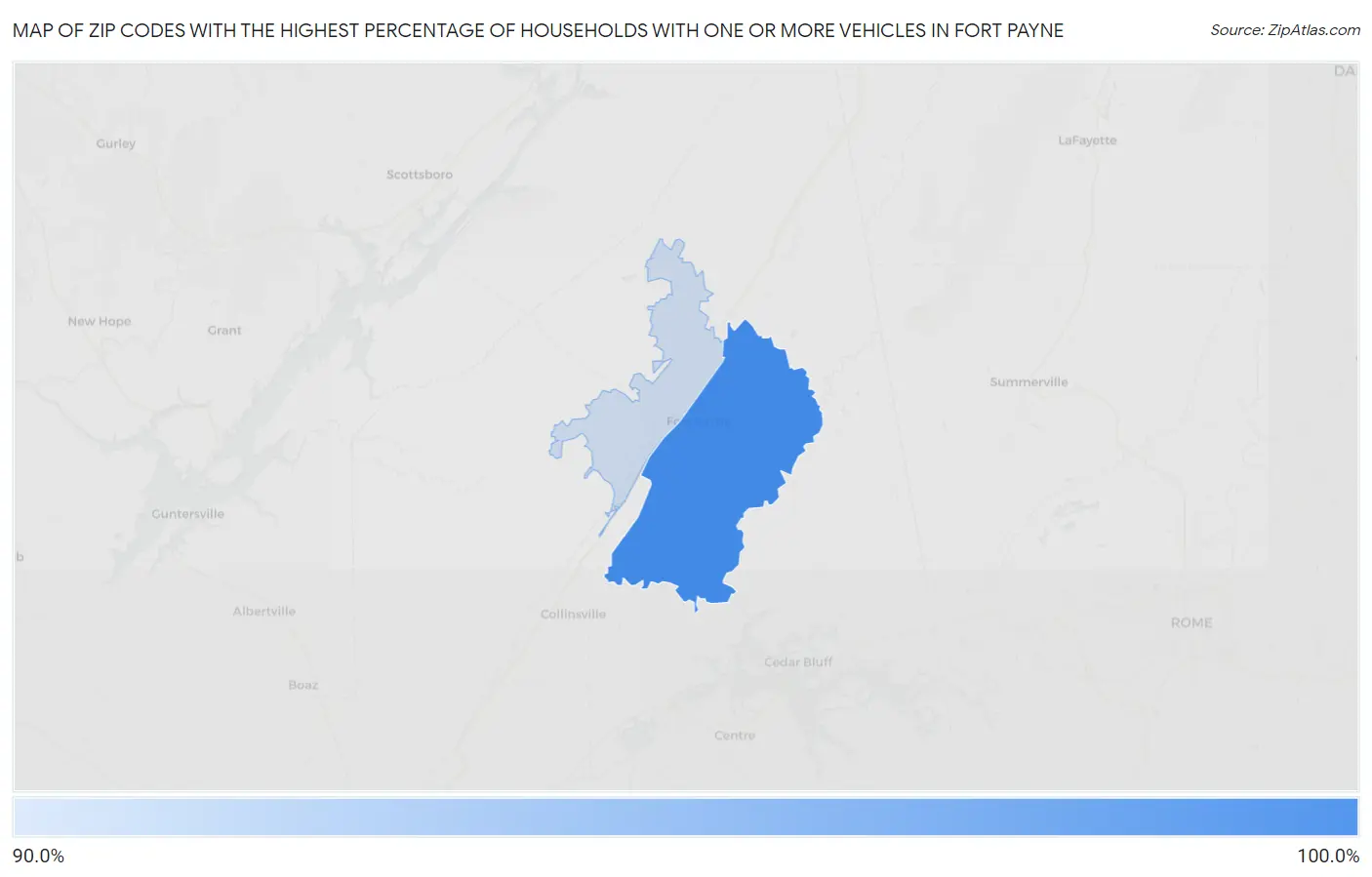 Zip Codes with the Highest Percentage of Households With One or more Vehicles in Fort Payne Map
