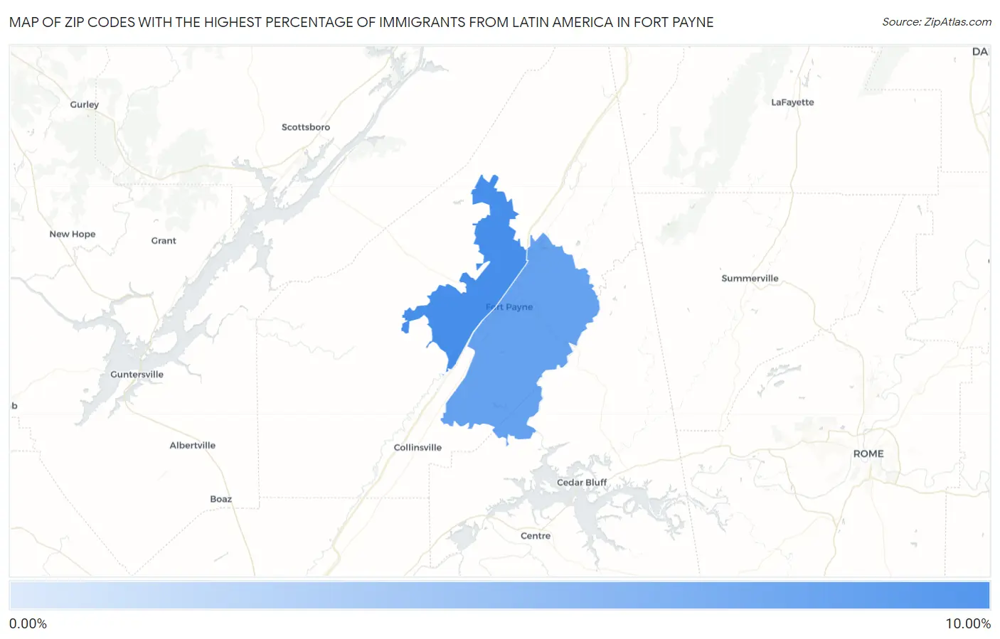 Zip Codes with the Highest Percentage of Immigrants from Latin America in Fort Payne Map