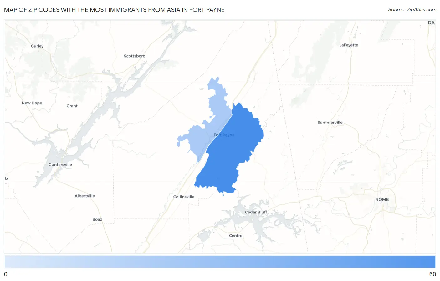Zip Codes with the Most Immigrants from Asia in Fort Payne Map