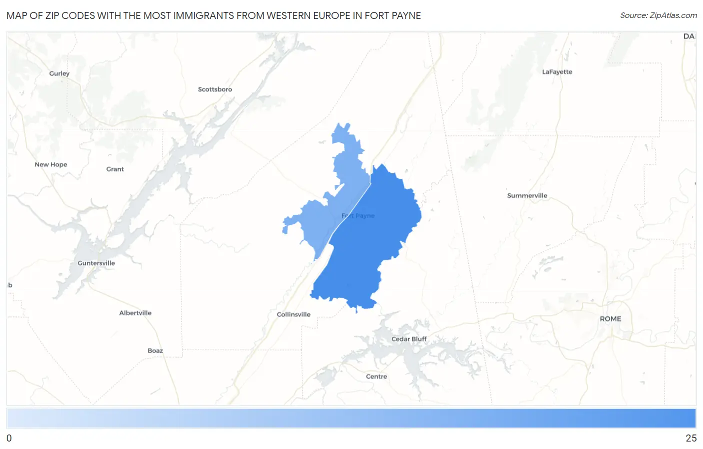 Zip Codes with the Most Immigrants from Western Europe in Fort Payne Map