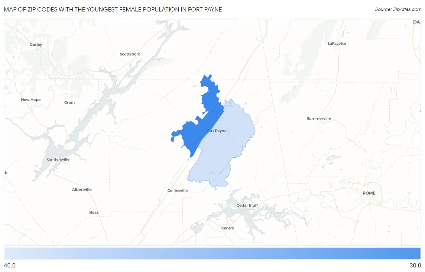 Zip Codes with the Youngest Female Population in Fort Payne Map