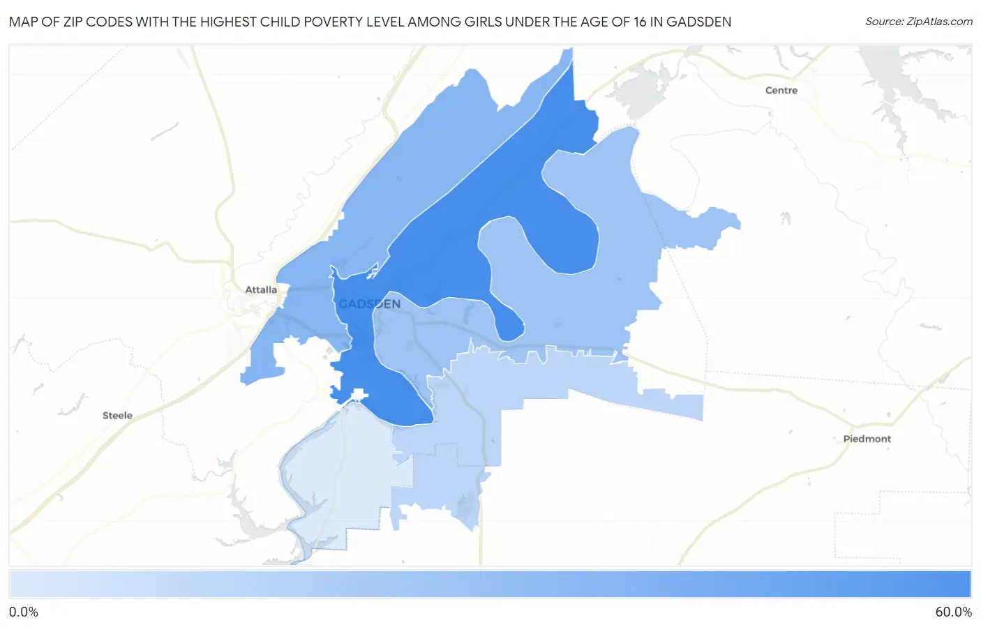 Zip Codes with the Highest Child Poverty Level Among Girls Under the Age of 16 in Gadsden Map