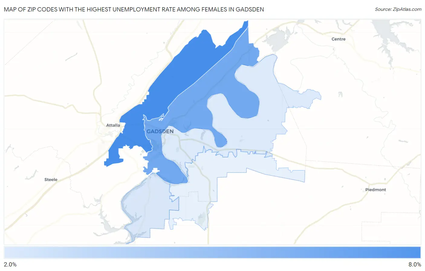 Zip Codes with the Highest Unemployment Rate Among Females in Gadsden Map