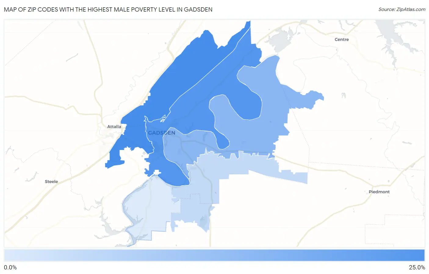 Zip Codes with the Highest Male Poverty Level in Gadsden Map