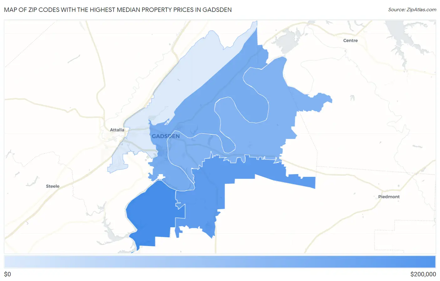 Zip Codes with the Highest Median Property Prices in Gadsden Map