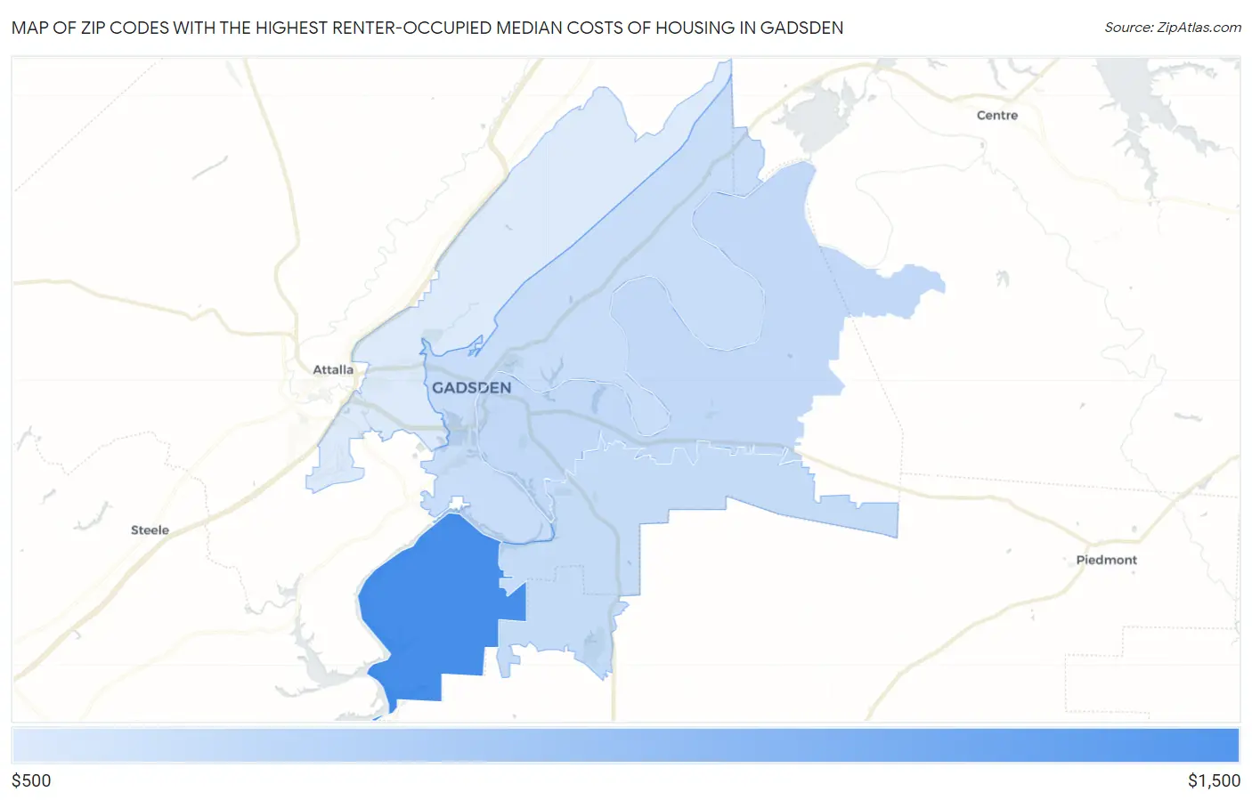 Zip Codes with the Highest Renter-Occupied Median Costs of Housing in Gadsden Map