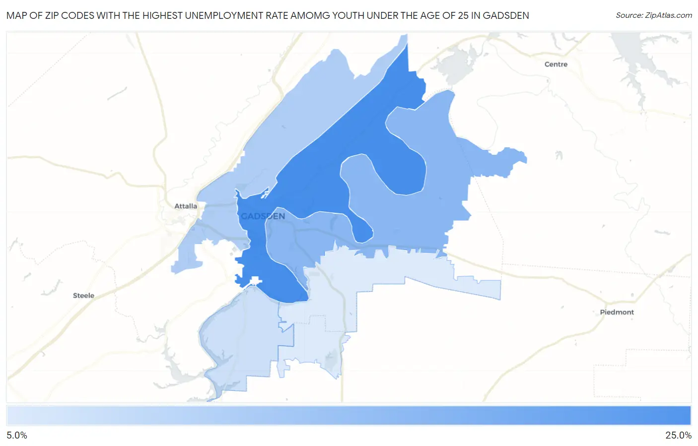 Zip Codes with the Highest Unemployment Rate Amomg Youth Under the Age of 25 in Gadsden Map