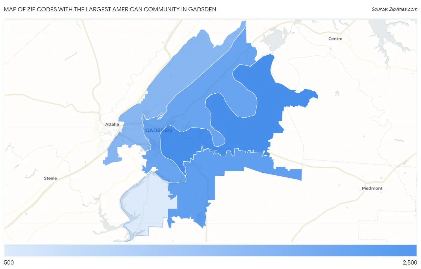 Zip Codes with the Largest American Community in Gadsden Map
