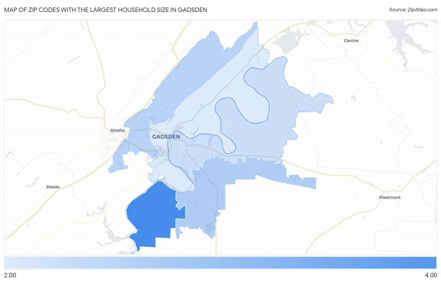 Zip Codes with the Largest Household Size in Gadsden Map