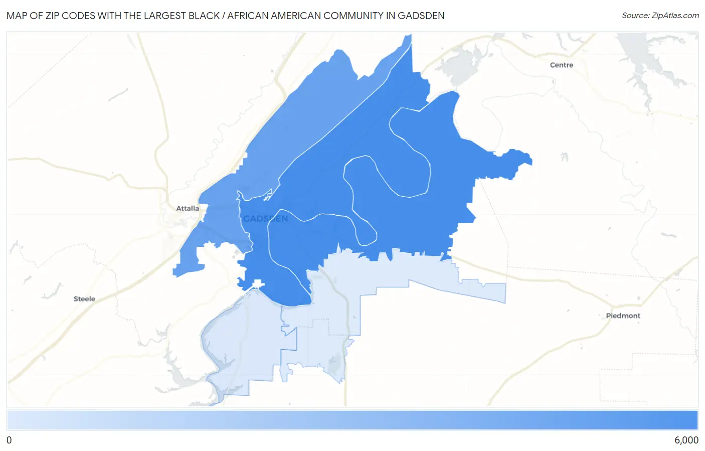 Zip Codes with the Largest Black / African American Community in Gadsden Map