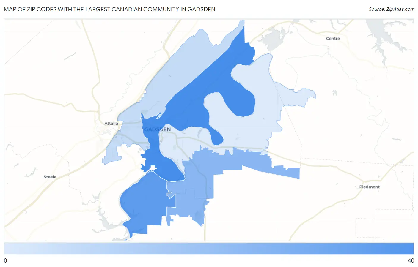Zip Codes with the Largest Canadian Community in Gadsden Map