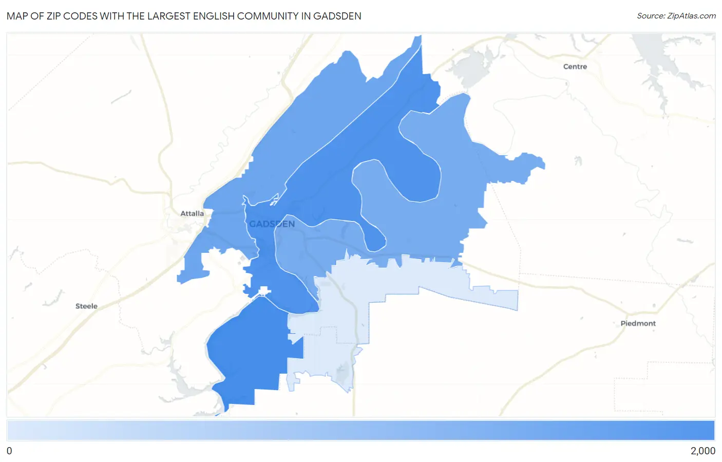 Zip Codes with the Largest English Community in Gadsden Map