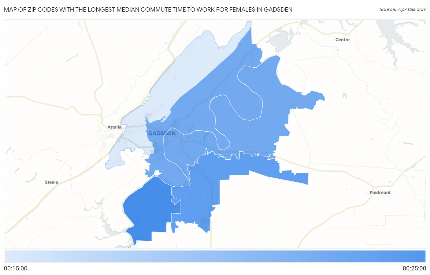 Zip Codes with the Longest Median Commute Time to Work for Females in Gadsden Map