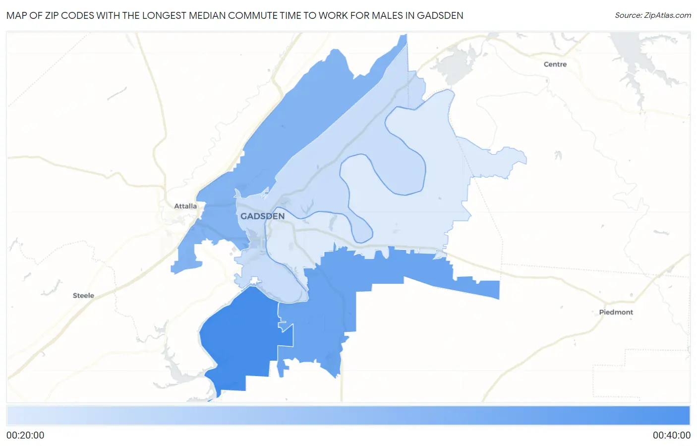 Zip Codes with the Longest Median Commute Time to Work for Males in Gadsden Map