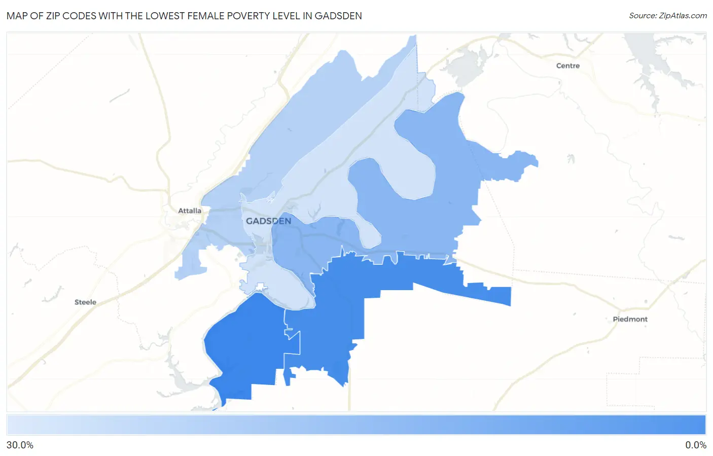 Zip Codes with the Lowest Female Poverty Level in Gadsden Map