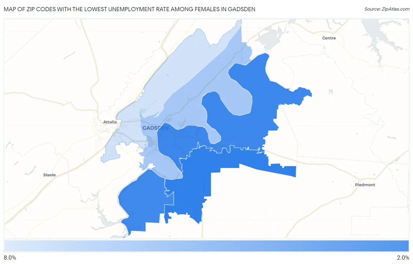 Zip Codes with the Lowest Unemployment Rate Among Females in Gadsden Map