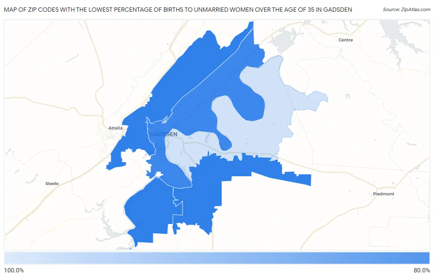 Zip Codes with the Lowest Percentage of Births to Unmarried Women over the Age of 35 in Gadsden Map