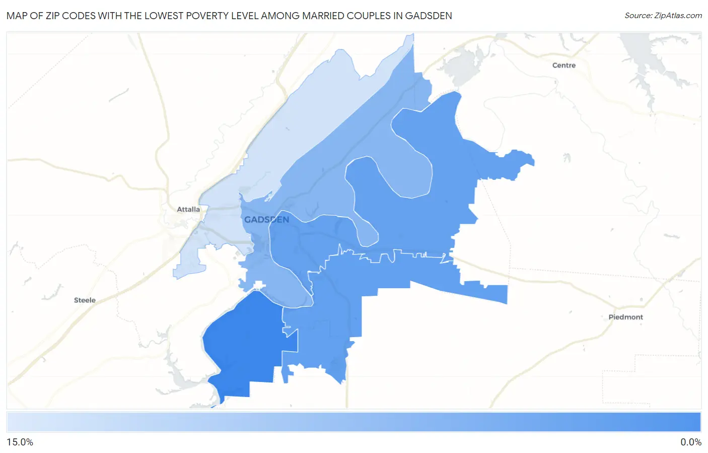 Zip Codes with the Lowest Poverty Level Among Married Couples in Gadsden Map