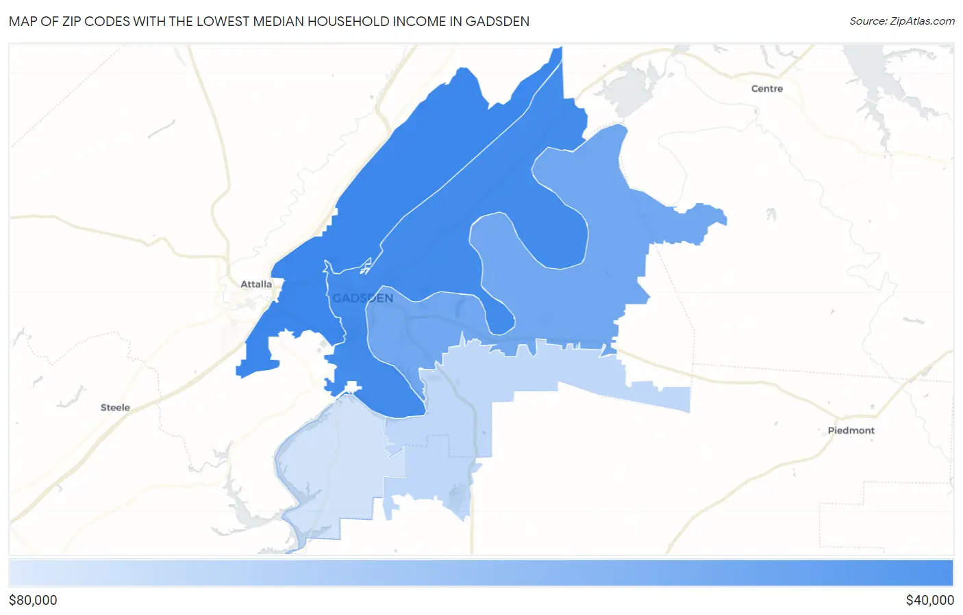 Zip Codes with the Lowest Median Household Income in Gadsden Map