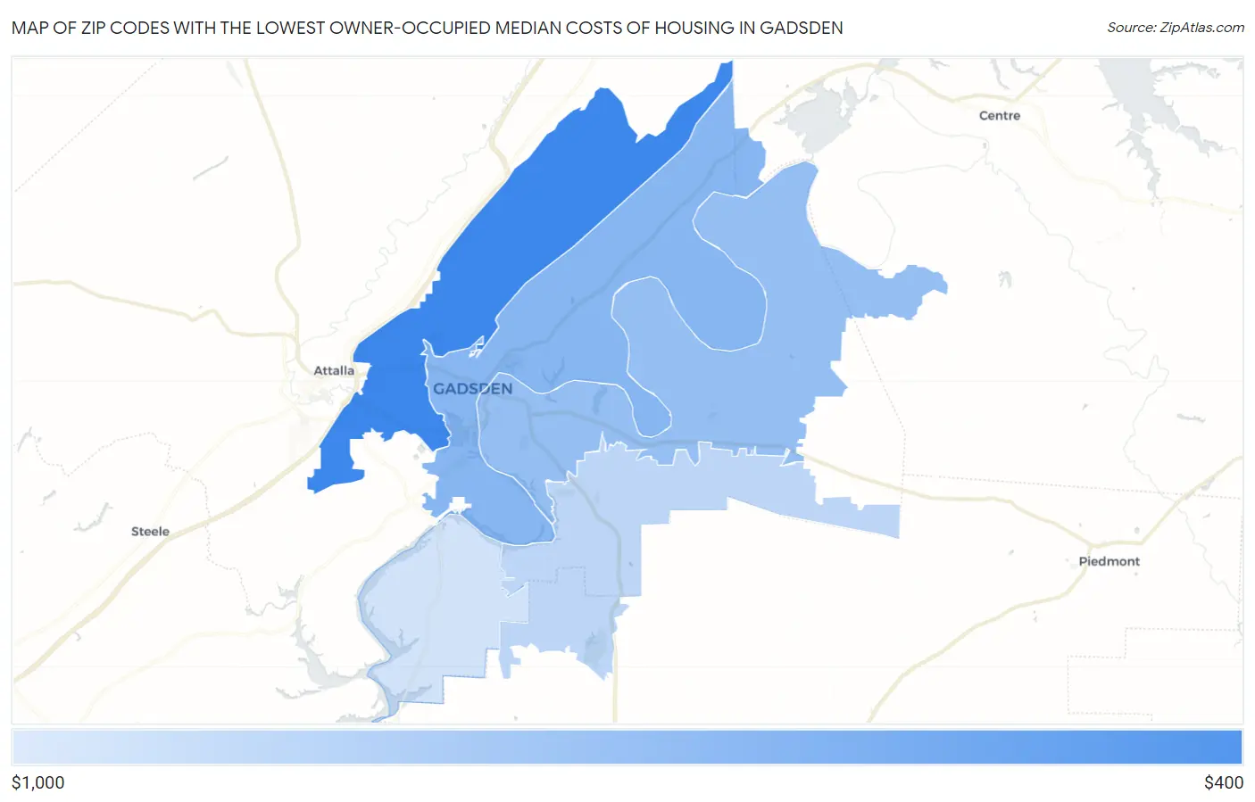 Zip Codes with the Lowest Owner-Occupied Median Costs of Housing in Gadsden Map