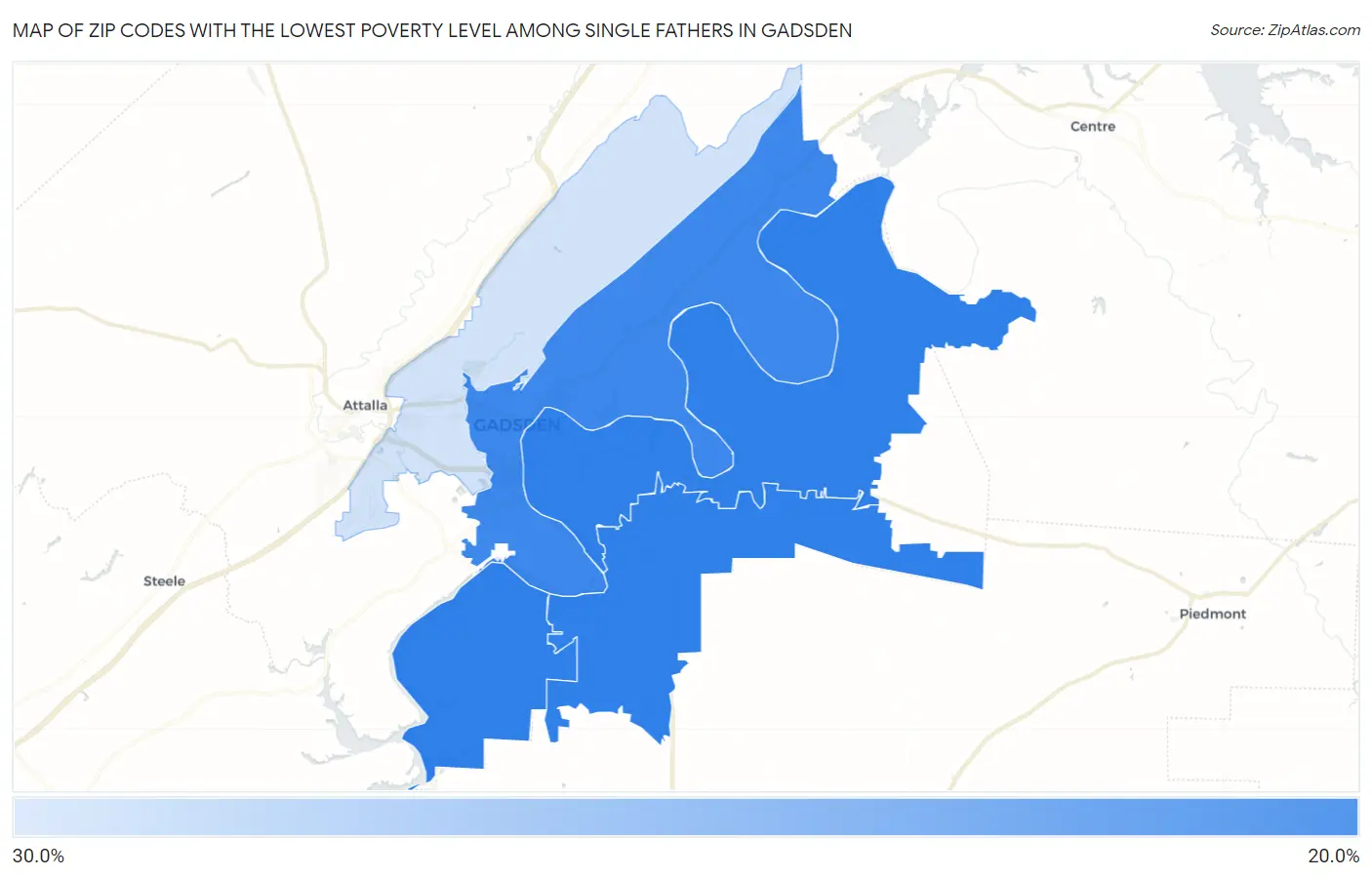 Zip Codes with the Lowest Poverty Level Among Single Fathers in Gadsden Map