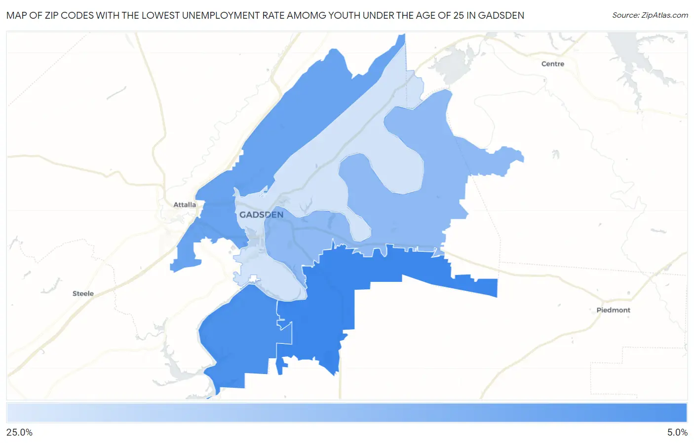 Zip Codes with the Lowest Unemployment Rate Amomg Youth Under the Age of 25 in Gadsden Map