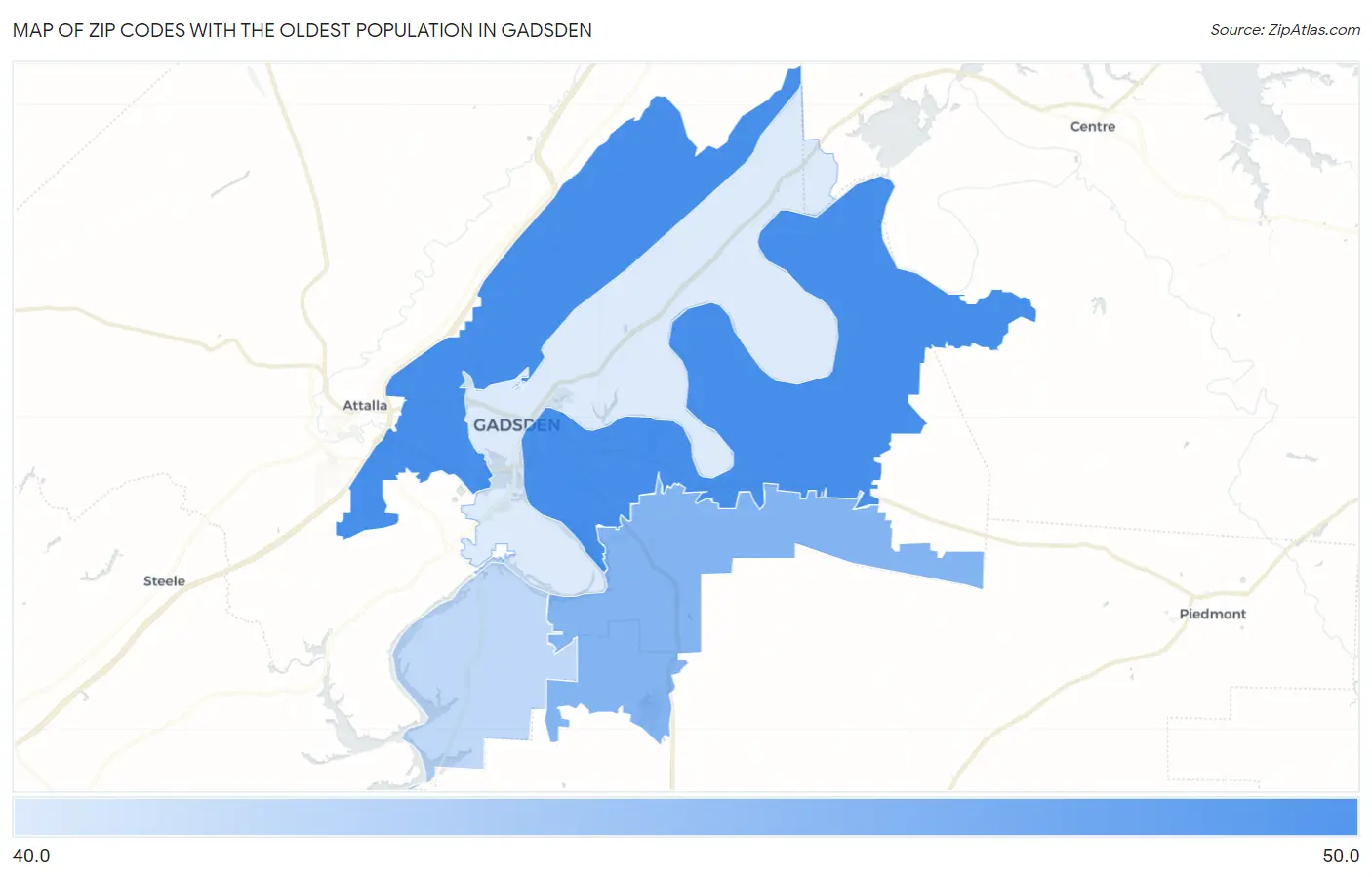 Zip Codes with the Oldest Population in Gadsden Map