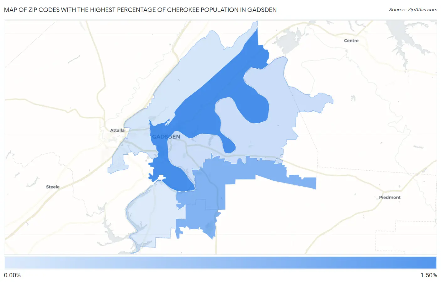 Zip Codes with the Highest Percentage of Cherokee Population in Gadsden Map