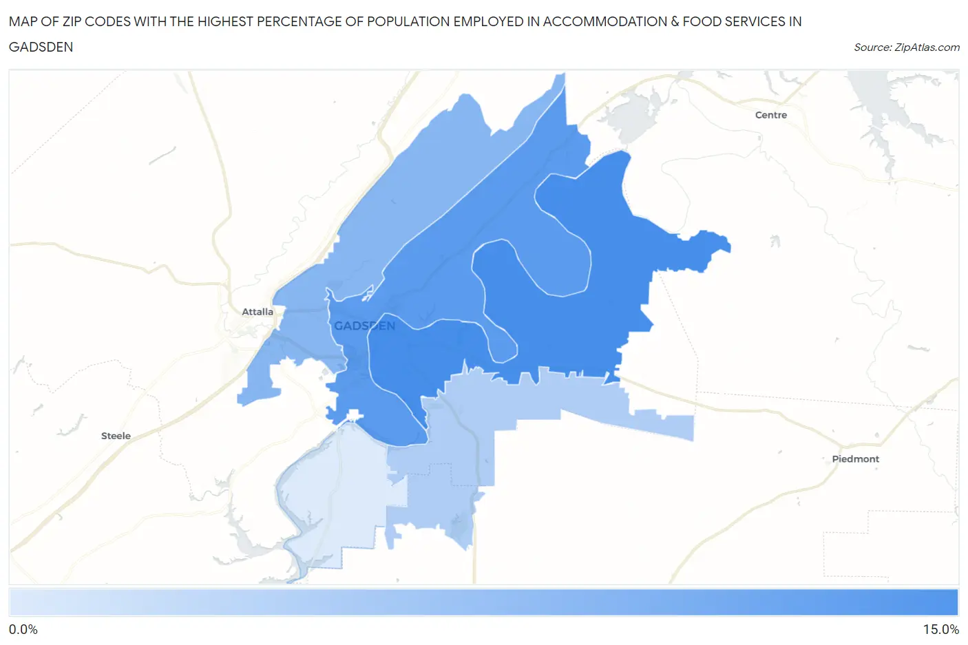 Zip Codes with the Highest Percentage of Population Employed in Accommodation & Food Services in Gadsden Map