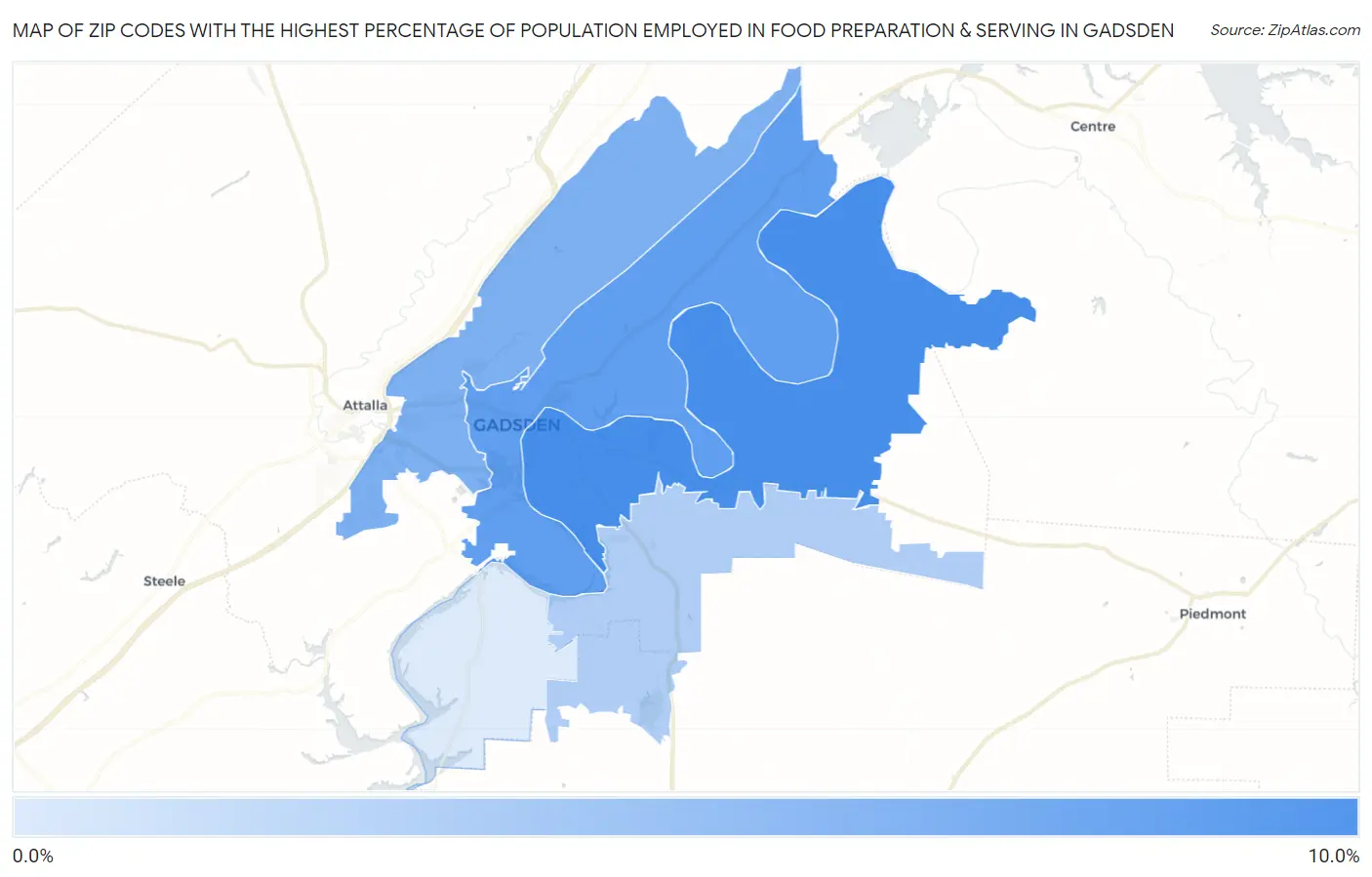 Zip Codes with the Highest Percentage of Population Employed in Food Preparation & Serving in Gadsden Map