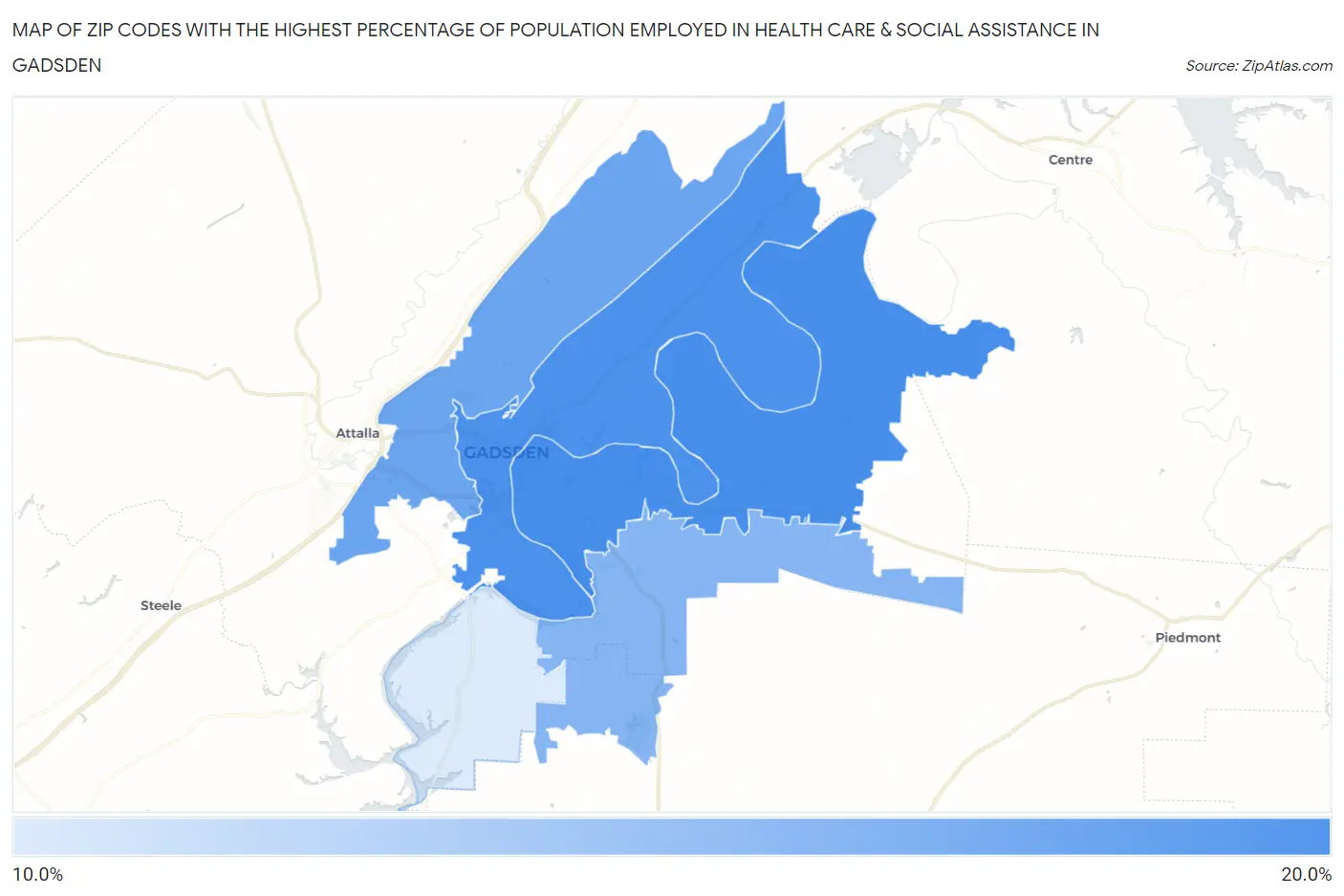 Zip Codes with the Highest Percentage of Population Employed in Health Care & Social Assistance in Gadsden Map