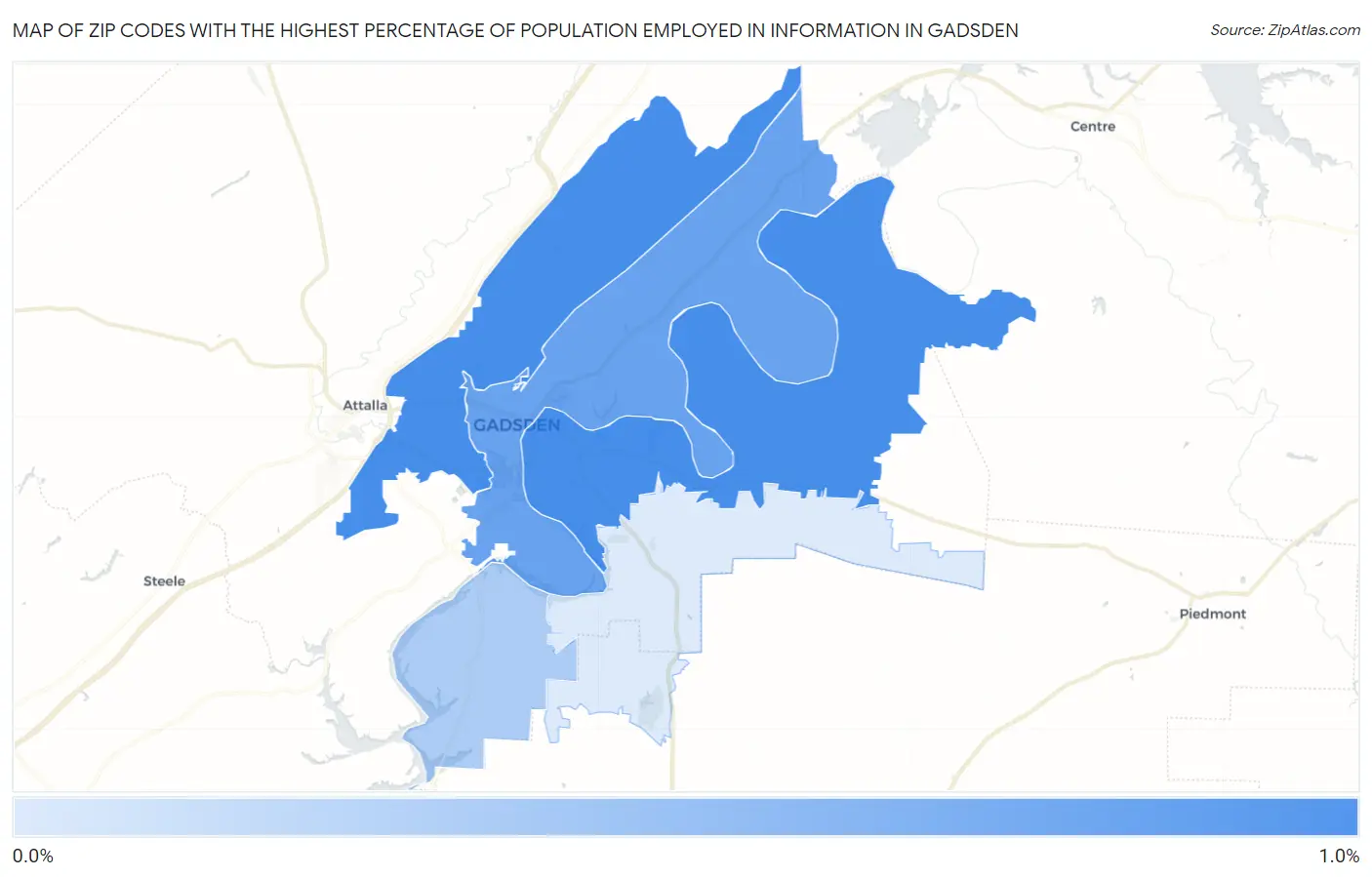 Zip Codes with the Highest Percentage of Population Employed in Information in Gadsden Map