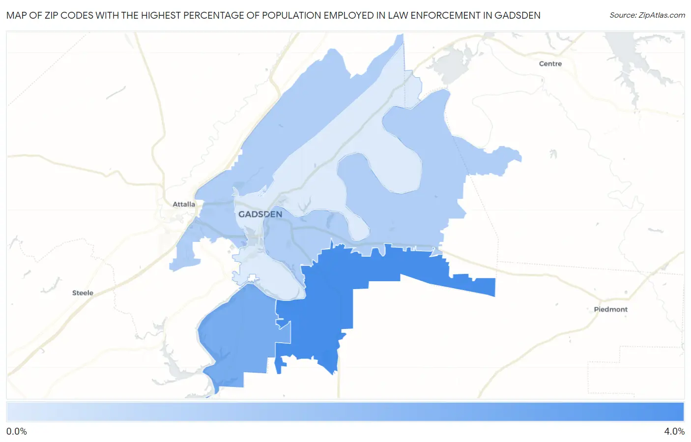 Zip Codes with the Highest Percentage of Population Employed in Law Enforcement in Gadsden Map