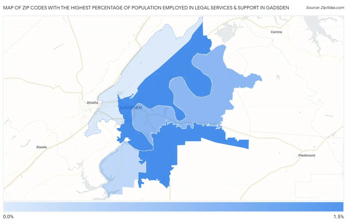 Zip Codes with the Highest Percentage of Population Employed in Legal Services & Support in Gadsden Map