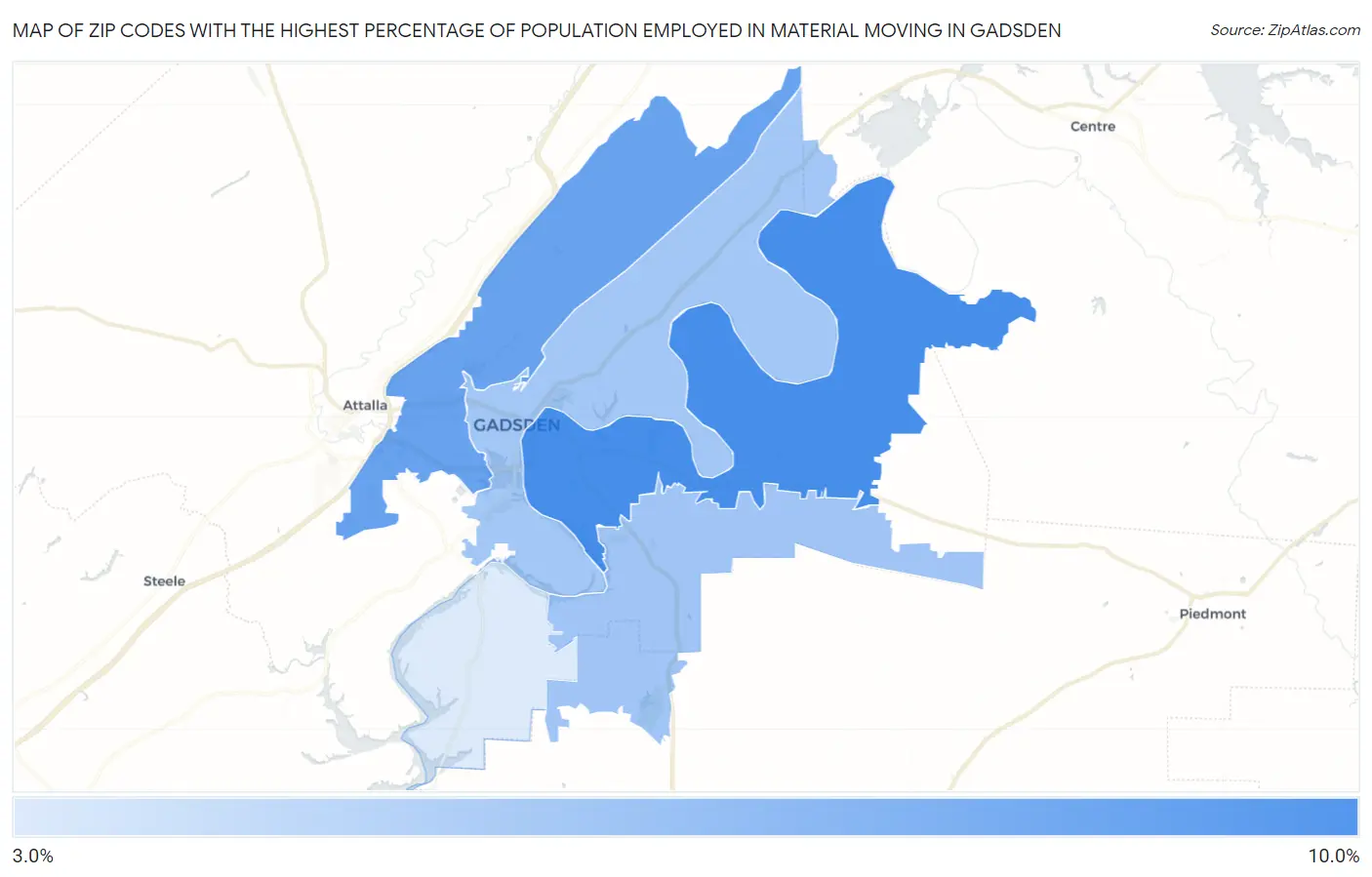 Zip Codes with the Highest Percentage of Population Employed in Material Moving in Gadsden Map