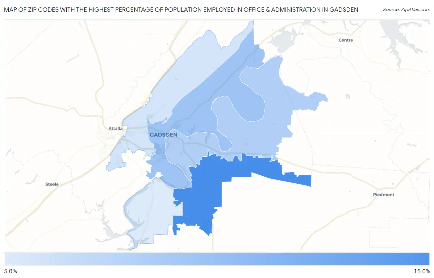 Zip Codes with the Highest Percentage of Population Employed in Office & Administration in Gadsden Map