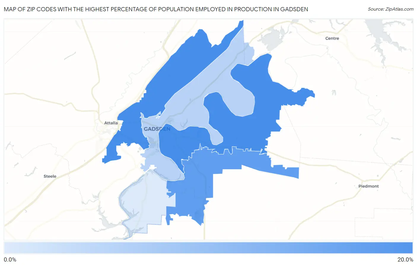 Zip Codes with the Highest Percentage of Population Employed in Production in Gadsden Map