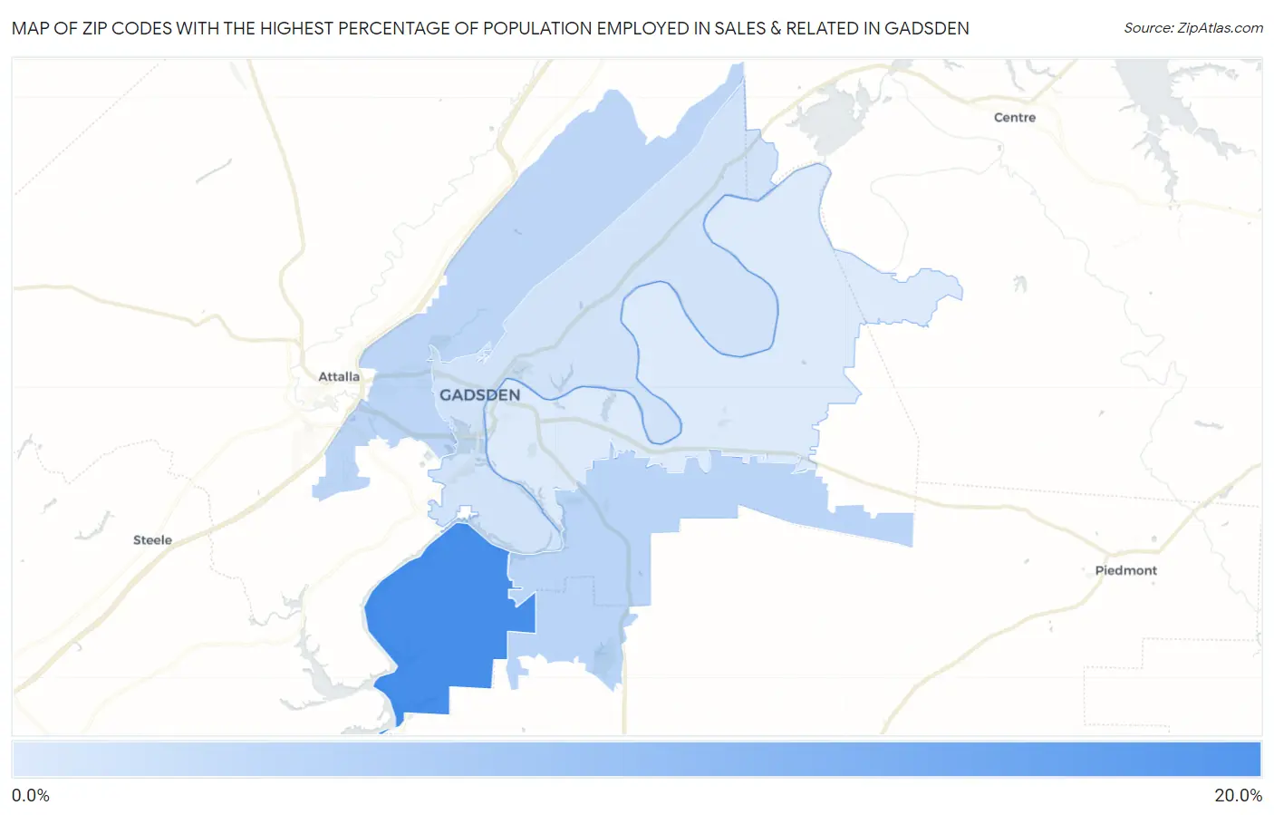 Zip Codes with the Highest Percentage of Population Employed in Sales & Related in Gadsden Map