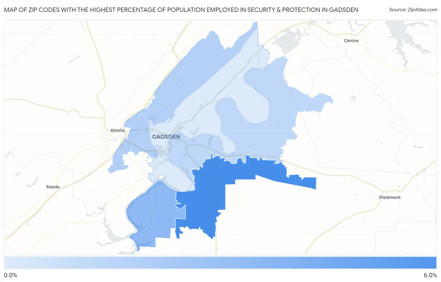 Zip Codes with the Highest Percentage of Population Employed in Security & Protection in Gadsden Map