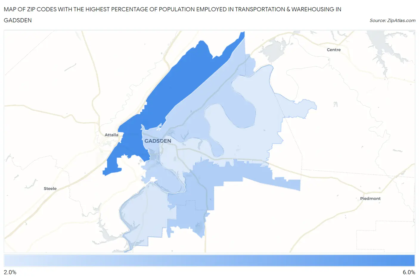 Zip Codes with the Highest Percentage of Population Employed in Transportation & Warehousing in Gadsden Map