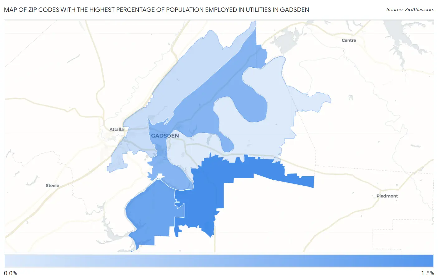 Zip Codes with the Highest Percentage of Population Employed in Utilities in Gadsden Map
