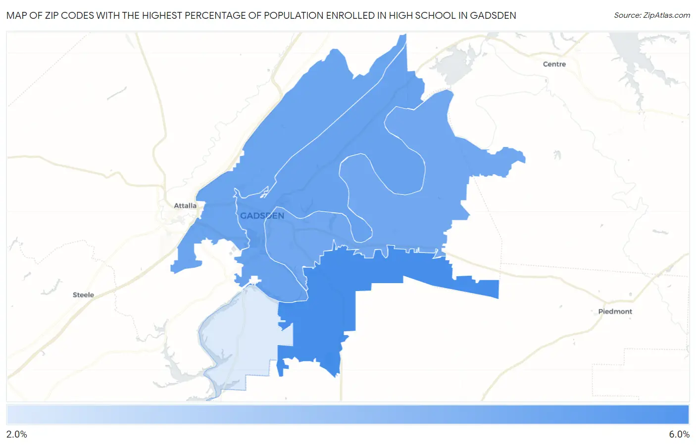 Zip Codes with the Highest Percentage of Population Enrolled in High School in Gadsden Map