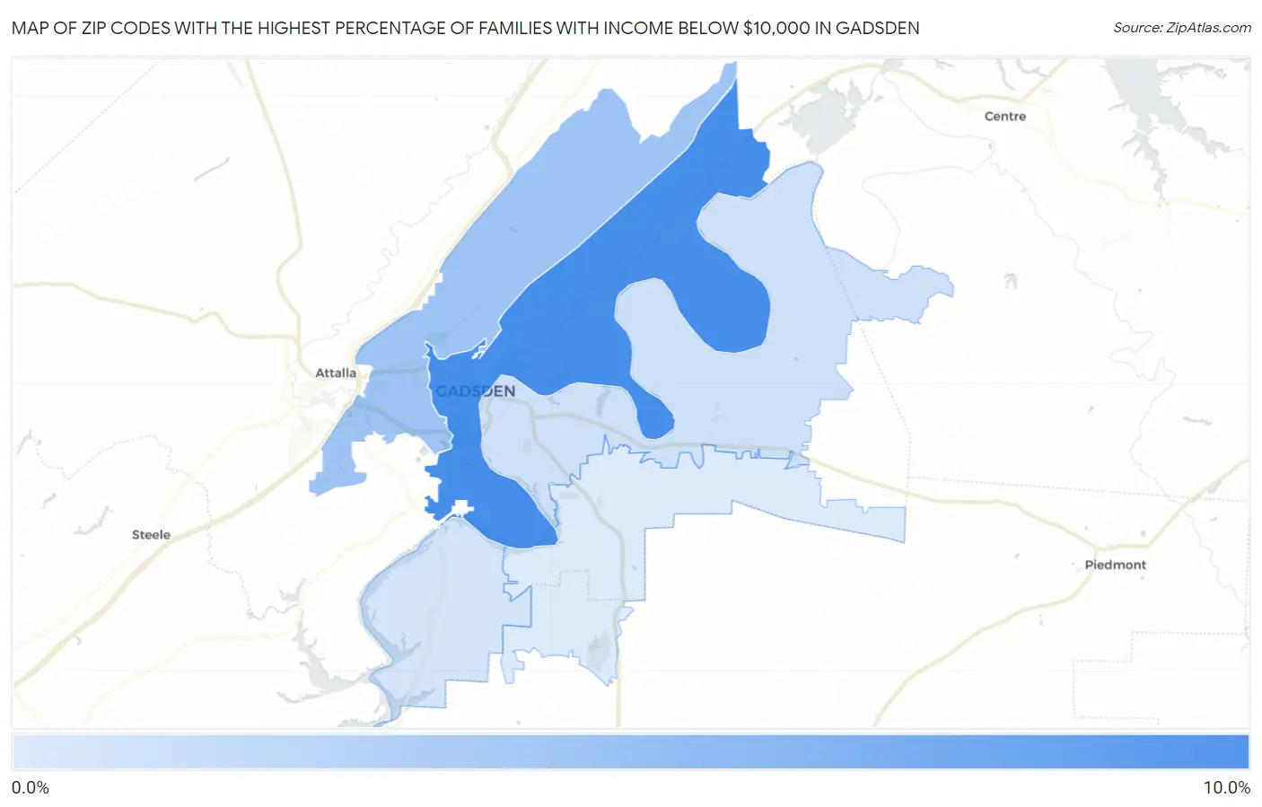 Zip Codes with the Highest Percentage of Families with Income Below $10,000 in Gadsden Map