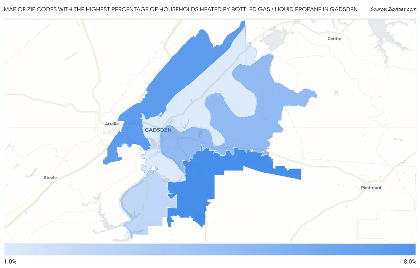 Zip Codes with the Highest Percentage of Households Heated by Bottled Gas / Liquid Propane in Gadsden Map