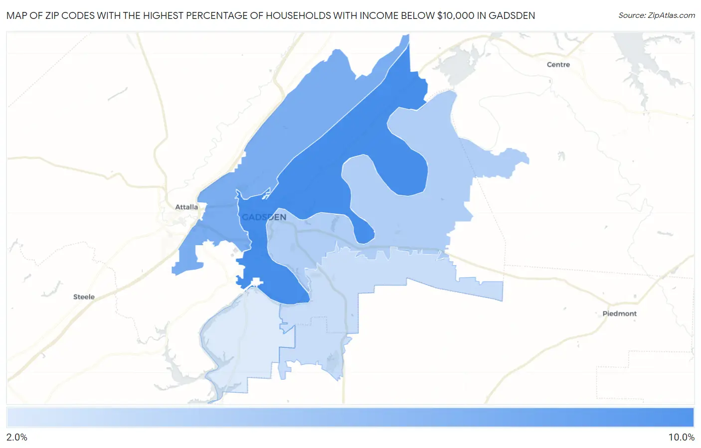 Zip Codes with the Highest Percentage of Households with Income Below $10,000 in Gadsden Map