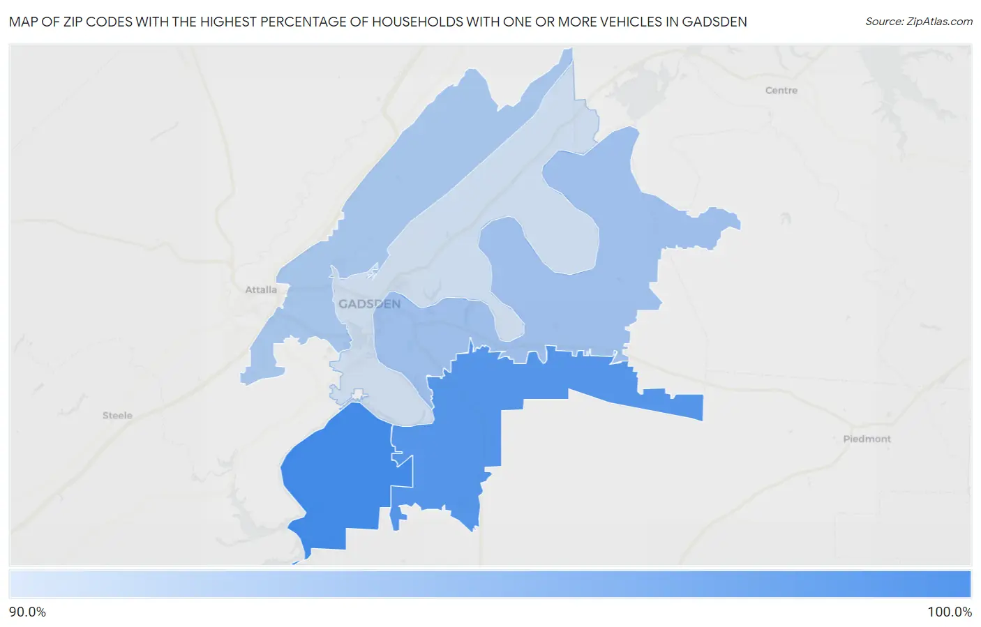 Zip Codes with the Highest Percentage of Households With One or more Vehicles in Gadsden Map